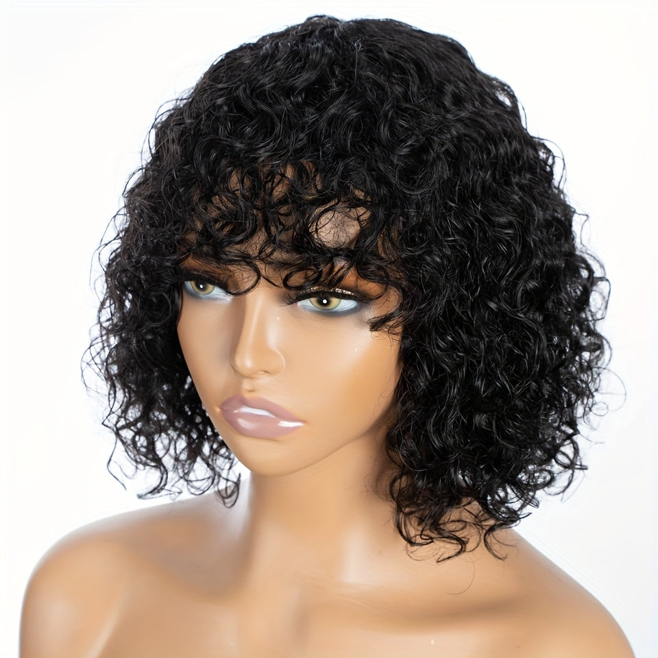 Brown Color Kinky Curly Human Hair Wigs With Bangs Glueless Wig Remy Brazilian Short Curly Human Hair Wig