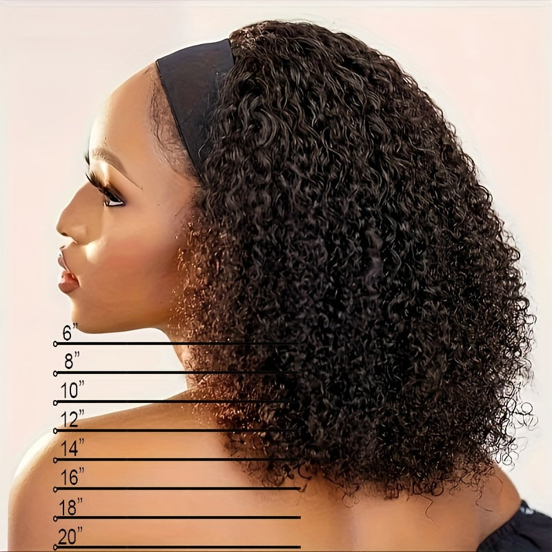 180% Density 100% Human Hair Full Machine Jerry Curl Wig, Short Curly Bob Cut, Natural Black, Glueless Kinky Curly Headband Wig