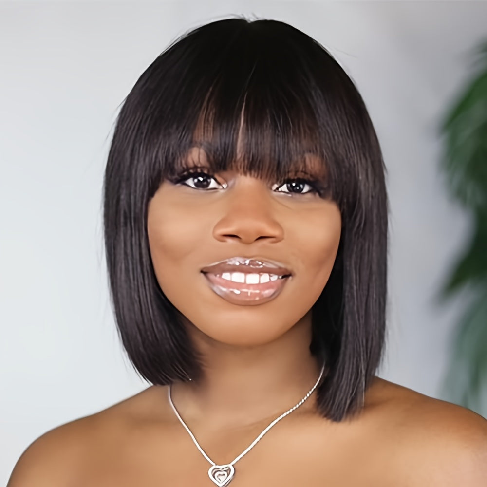 Funkygirl Short Bob Human Hair Wig with Bangs, 150% Density, Straight, Glueless Full Machine Made, Rose Cap, Women'S Real Hair Wig, Basic Style