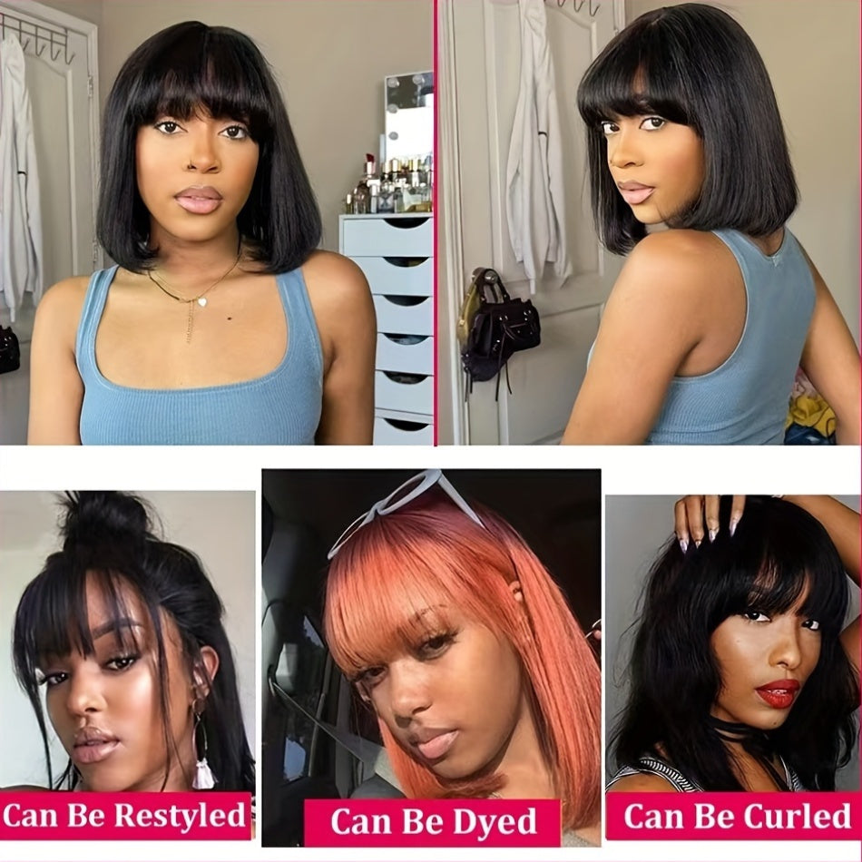 Women's Straight Bob Wig with Bangs - Glueless Human Hair Wig, Pre-plucked with Baby Hair, 150% Density, Versatile 2x4 Lace Area, Basic Style, Universal Fit