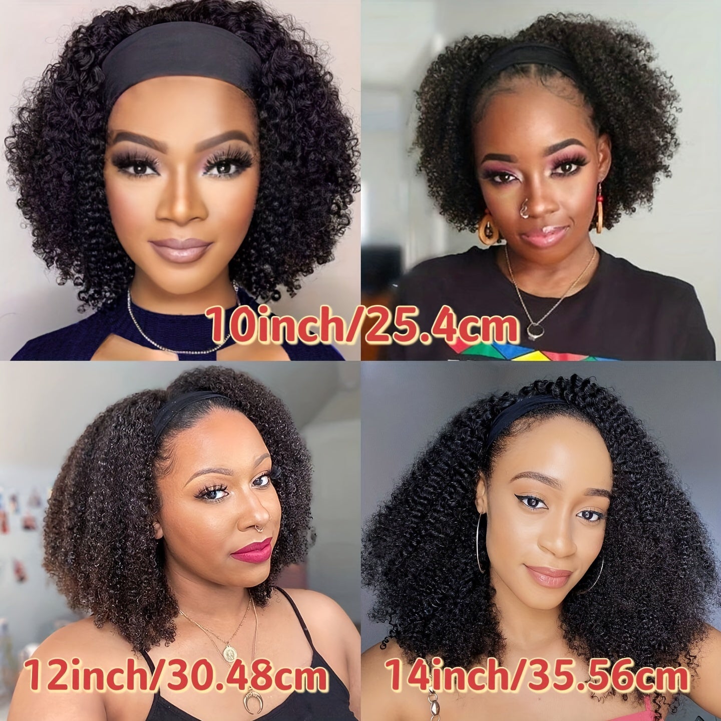 Luxurious Kinky Curly Headband Wig - 150% Density Brazilian Virgin Human Hair, Natural Black,, Glueless with Random Headband