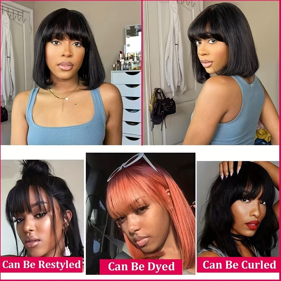 Women's Straight Bob Wig with Bangs - Glueless Human Hair Wig, Pre-plucked with Baby Hair, 150% Density, Versatile 2x4 Lace Area, Basic Style, Universal Fit