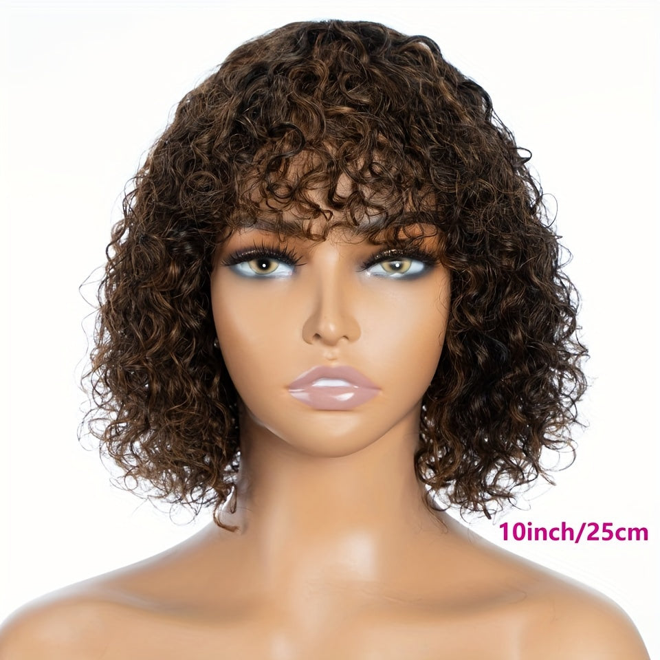 Brown Color Kinky Curly Human Hair Wigs With Bangs Glueless Wig Remy Brazilian Short Curly Human Hair Wig