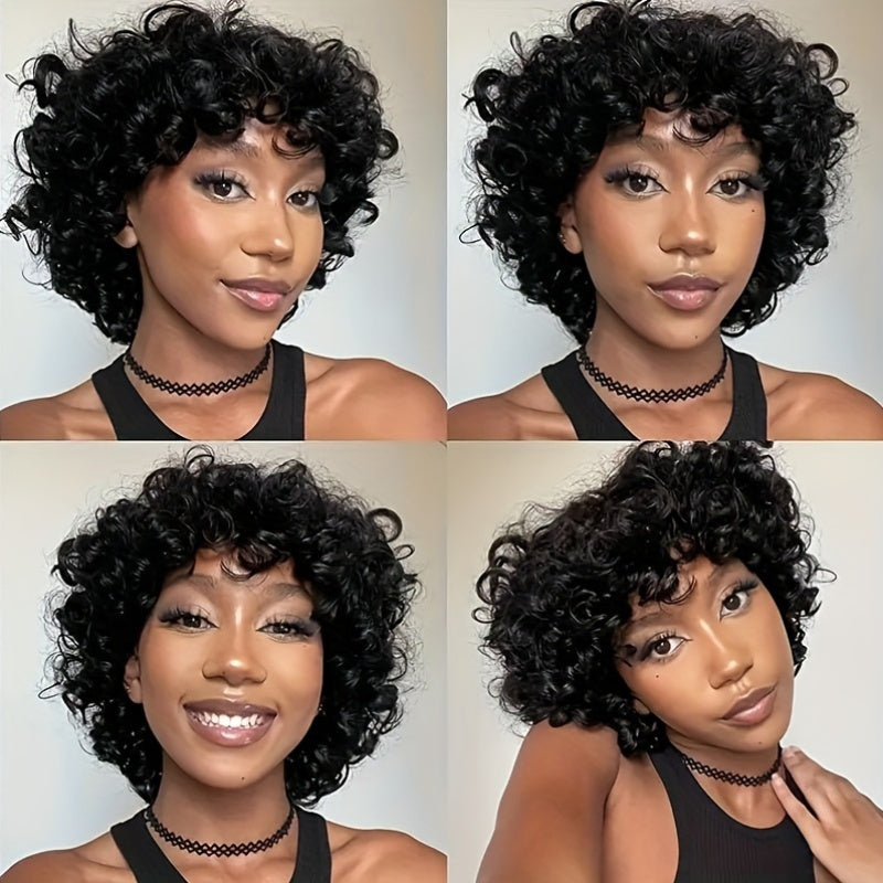 Women'S 100% Human Hair Short Bob Wig, Afro Loose Curls with Bangs, Pixie Cut, Bouncy 180% Density, Rose Cap, Glueless Put-On Wig for All Ethnicities