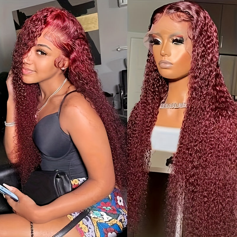 Glamorous 762cm Deep Curly Burgundy Lace Front Wig  180 Density 13x4 HD Lace Real Human Hair Versatile  Natural Look for All Women