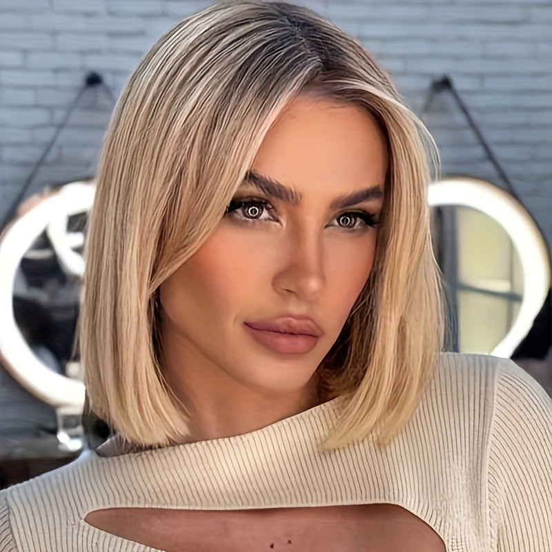 1pc Elegant Ash Blonde Bob Wig with Brown Roots 13x4 Lace Frontal 100 Human Hair PrePlucked Brazilian Virgin Hair Full End 180 Density HD Transparent Lace Luxurious Straight Hair Wig for Women